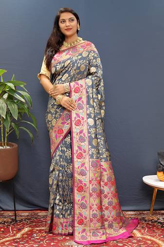Grey banarasi silk blend saree with multi-color meenakari floral border