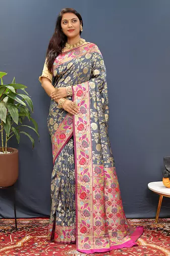 Grey banarasi silk blend saree with multi-color meenakari floral border