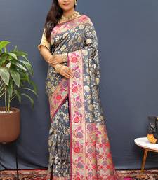 Grey banarasi silk blend saree with multi-color meenakari floral border