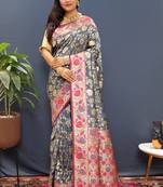 Grey banarasi silk blend saree with multi-color meenakari floral border