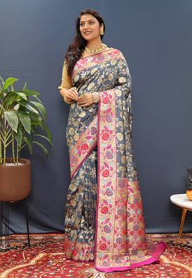 Grey banarasi silk blend saree with multi-color meenakari floral border 2