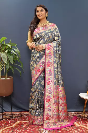 Grey banarasi silk blend saree with multi-color meenakari floral border