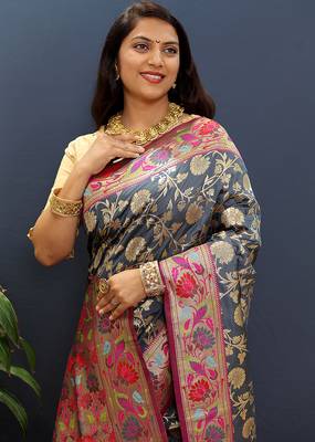 Grey banarasi silk blend saree with multi-color meenakari floral border 4