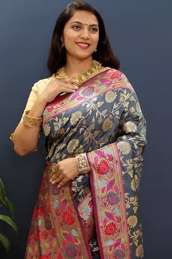 Grey banarasi silk blend saree with multi-color meenakari floral border