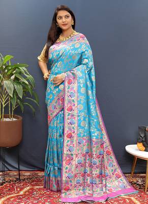 Sky blue banarasi silk blend saree with multi-color meenakari floral border 1