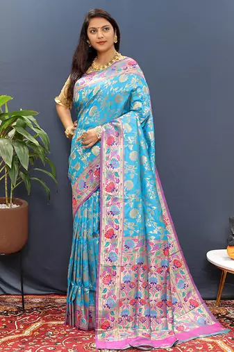 Sky blue banarasi silk blend saree with multi-color meenakari floral border