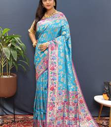 Sky blue banarasi silk blend saree with multi-color meenakari floral border