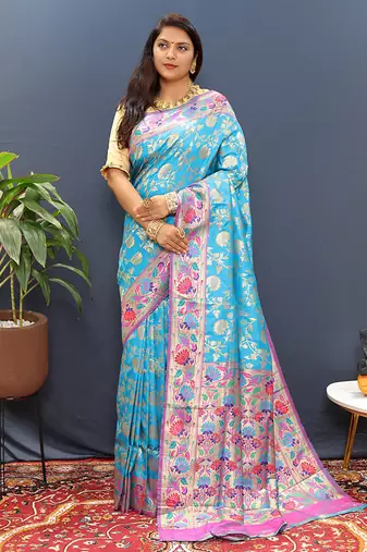 Sky blue banarasi silk blend saree with multi-color meenakari floral border