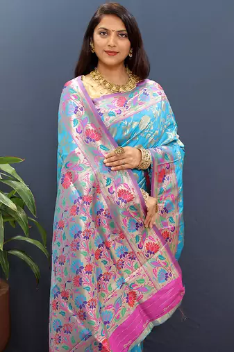 Sky blue banarasi silk blend saree with multi-color meenakari floral border