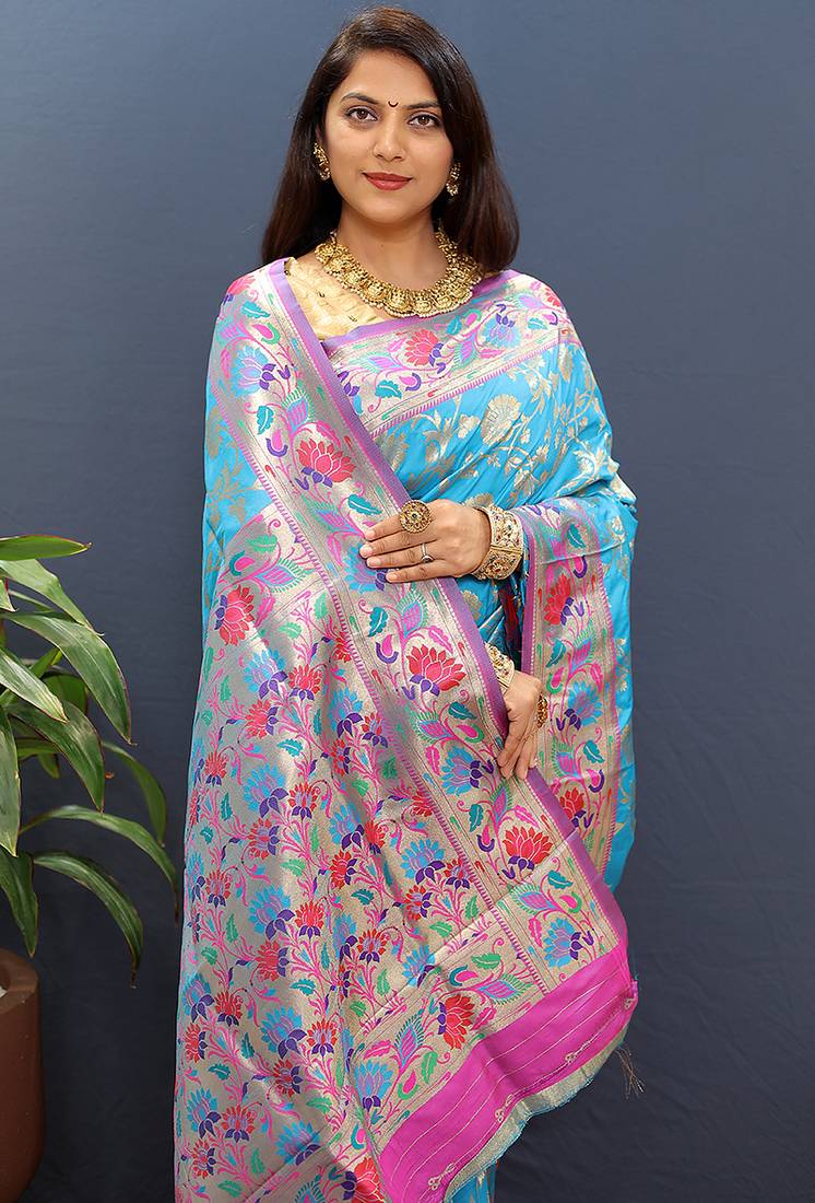 Sky blue banarasi silk blend saree with multi-color meenakari floral border