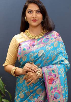 Sky blue banarasi silk blend saree with multi-color meenakari floral border 4
