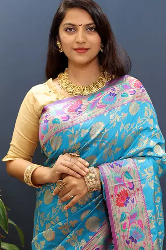 Sky blue banarasi silk blend saree with multi-color meenakari floral border