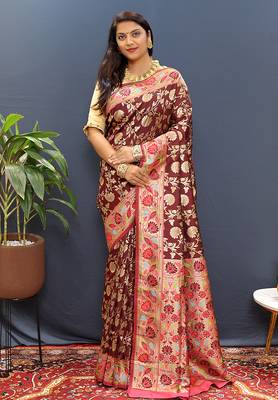 Maroon banarasi silk blend saree with multi-color meenakari floral border 1