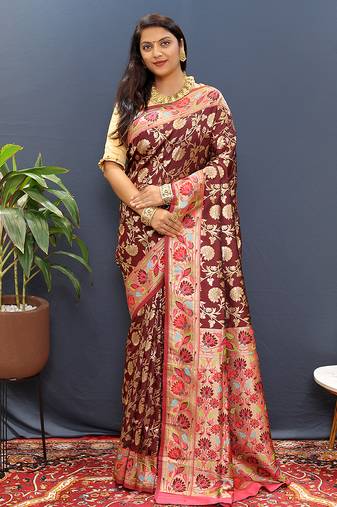 Maroon banarasi silk blend saree with multi-color meenakari floral border