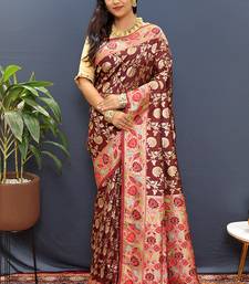 Maroon banarasi silk blend saree with multi-color meenakari floral border