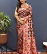 Maroon banarasi silk blend saree with multi-color meenakari floral border