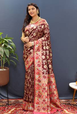 Maroon banarasi silk blend saree with multi-color meenakari floral border 2
