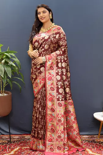 Maroon banarasi silk blend saree with multi-color meenakari floral border