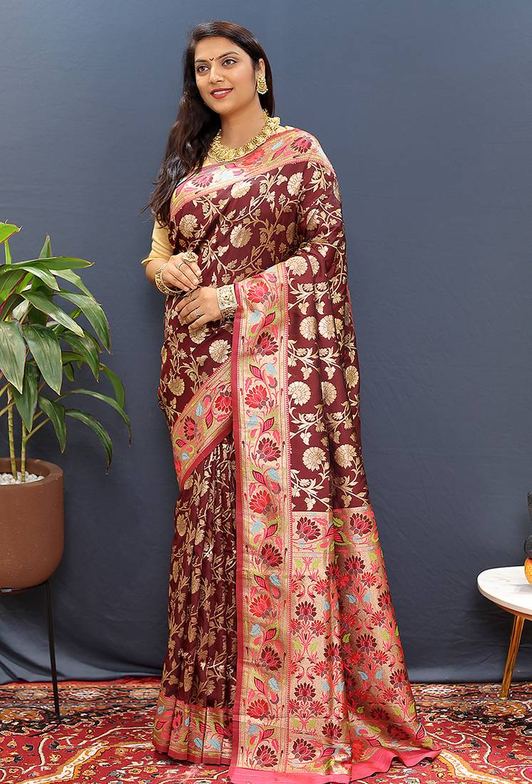 Maroon banarasi silk blend saree with multi-color meenakari floral border