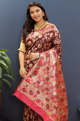 Maroon banarasi silk blend saree with multi-color meenakari floral border