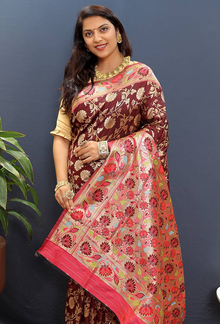 Maroon banarasi silk blend saree with multi-color meenakari floral border