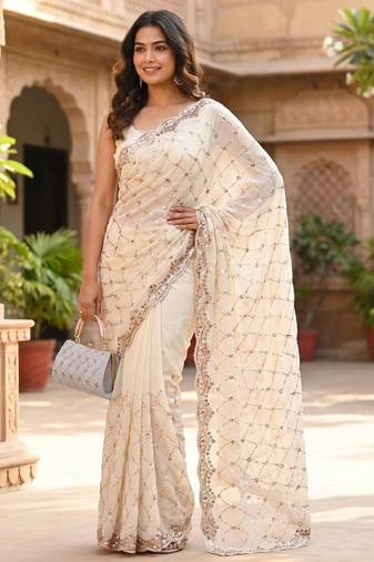 White Color Beeds Work Silk Blend Saree