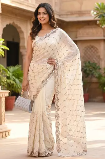 White Color Beeds Work Silk Blend Saree