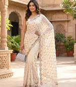 White Color Beeds Work Silk Blend Saree