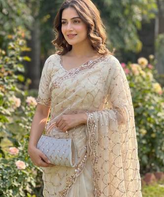 White Color Beeds Work Silk Blend Saree 2