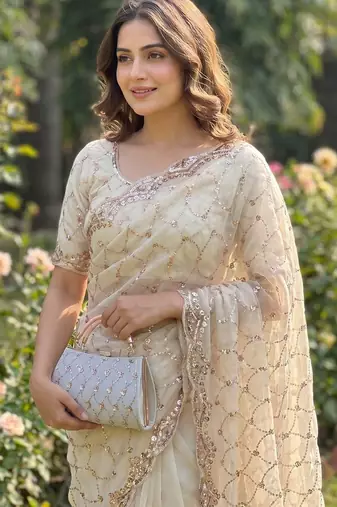 White Color Beeds Work Silk Blend Saree