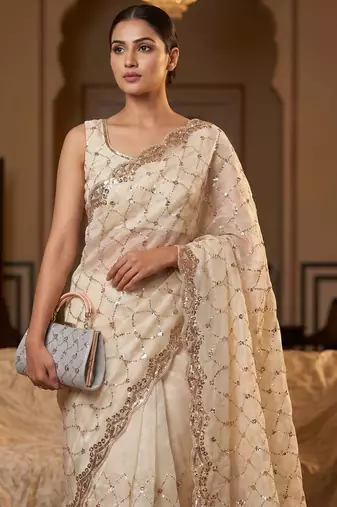 White Color Beeds Work Silk Blend Saree