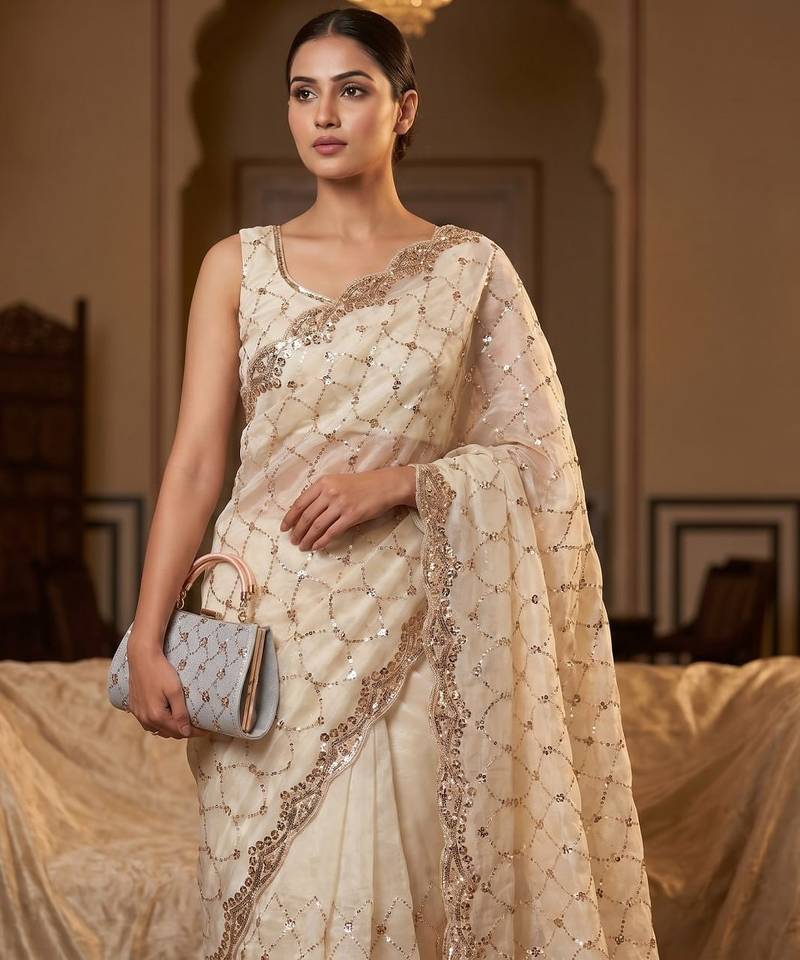 White Color Beeds Work Silk Blend Saree