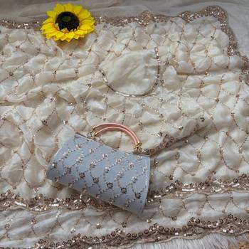 White Color Beeds Work Silk Blend Saree 4