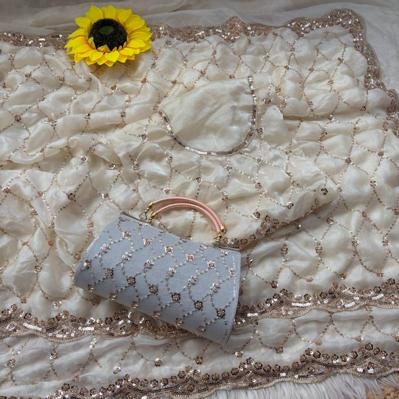 White Color Beeds Work Silk Blend Saree
