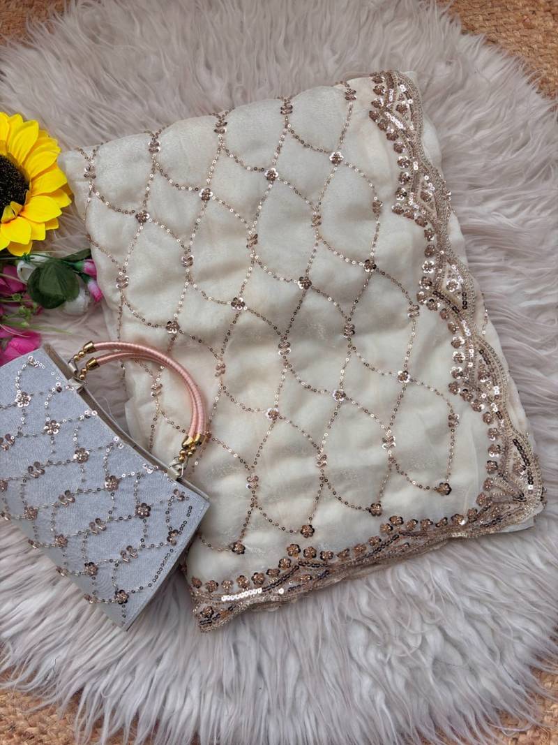 White Color Beeds Work Silk Blend Saree