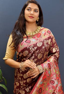 Maroon banarasi silk blend saree with multi-color meenakari floral border 4