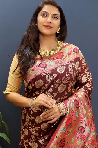 Maroon banarasi silk blend saree with multi-color meenakari floral border
