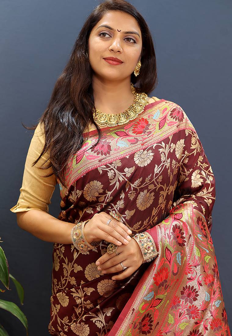 Maroon banarasi silk blend saree with multi-color meenakari floral border