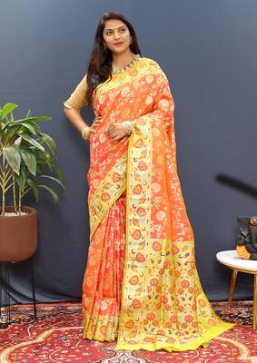 Orange banarasi silk blend saree with multi-color meenakari floral border 1