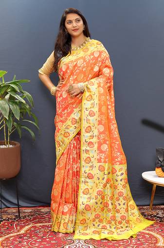 Orange banarasi silk blend saree with multi-color meenakari floral border