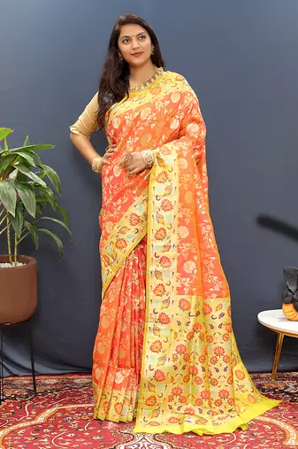 Orange banarasi silk blend saree with multi-color meenakari floral border