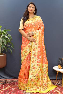 Orange banarasi silk blend saree with multi-color meenakari floral border 2