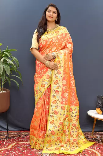 Orange banarasi silk blend saree with multi-color meenakari floral border