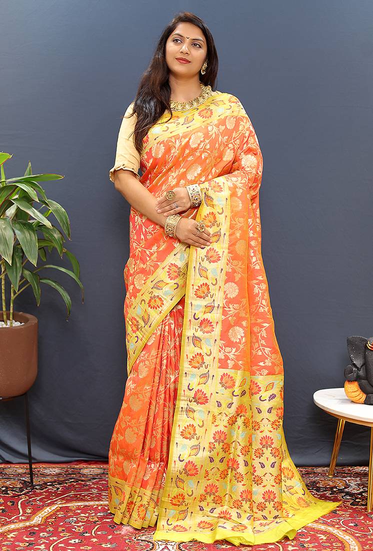 Orange banarasi silk blend saree with multi-color meenakari floral border