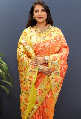 Orange banarasi silk blend saree with multi-color meenakari floral border 3
