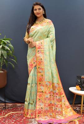 Mint green banarasi silk blend saree with multi-color meenakari floral border 1