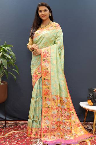 Mint green banarasi silk blend saree with multi-color meenakari floral border