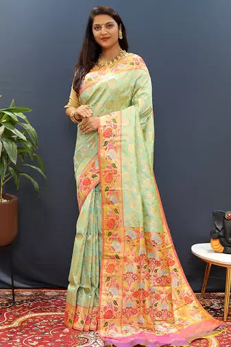 Mint green banarasi silk blend saree with multi-color meenakari floral border