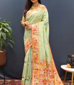 Mint green banarasi silk blend saree with multi-color meenakari floral border