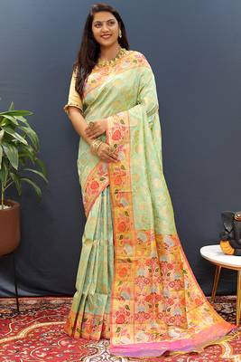 Mint green banarasi silk blend saree with multi-color meenakari floral border 2